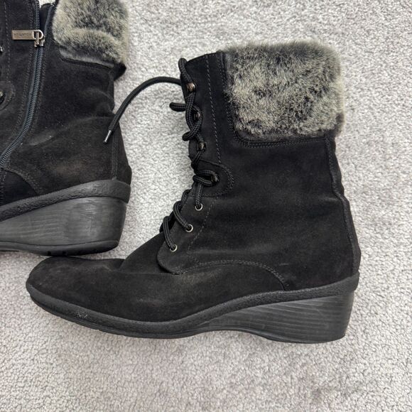 Aquatalia Suede Faux Fur Wedge Winte Boots Womens 8 Black Lace Up Side Zip Italy - Picture 4 of 16